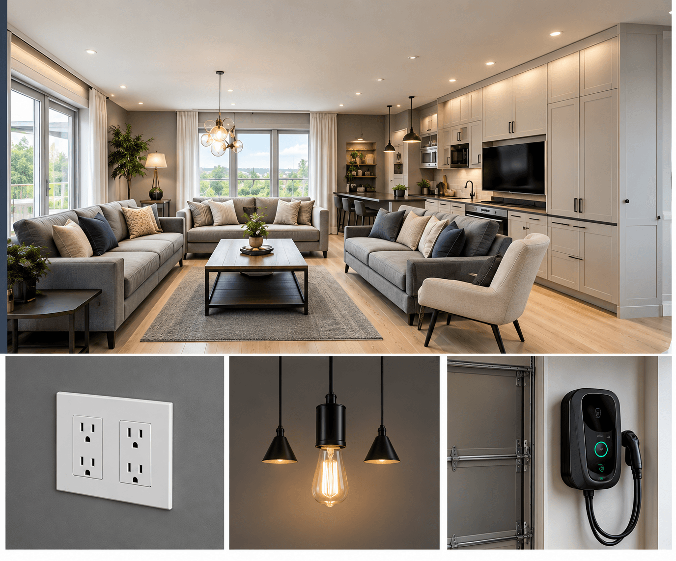 Residential living room and kitchen with a wall outlet, pendant light and EV charger